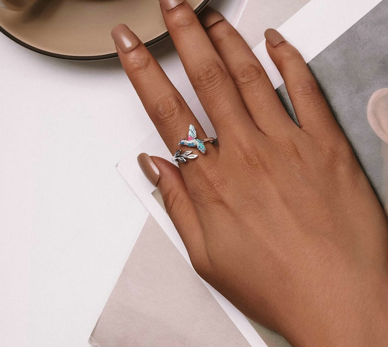 4mm Sterling Silver Kingfisher Ring – Colorful Bird & Leaf Branch Design (Women’s) - Promise Rings