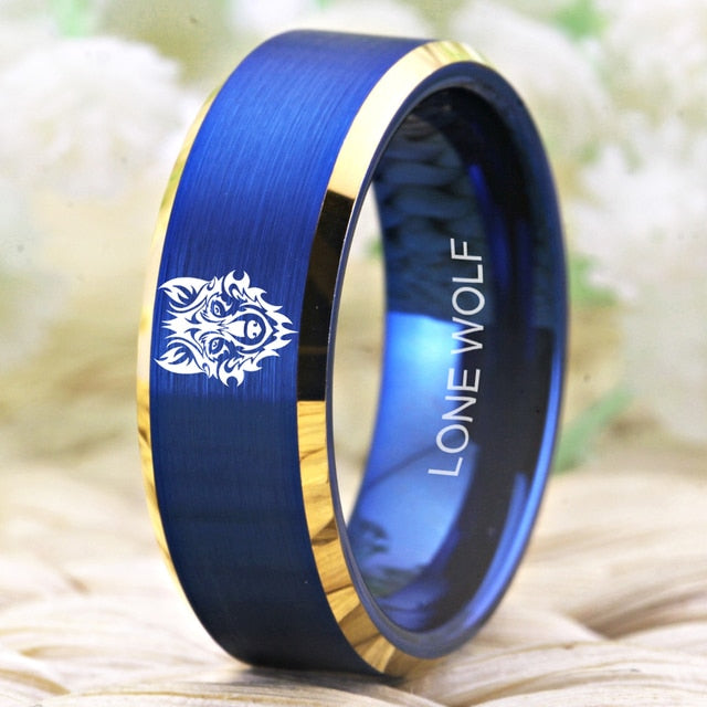Blue Wolf Head & Lone Wolf Engraved Design Unisex Tungsten Rings (4 Color Styles)