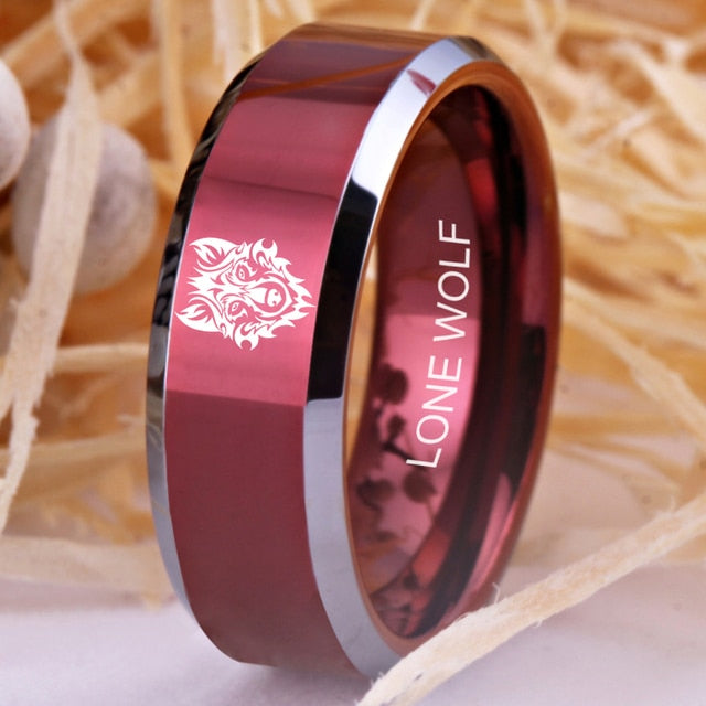 Blue Wolf Head & Lone Wolf Engraved Design Unisex Tungsten Rings (4 Color Styles)