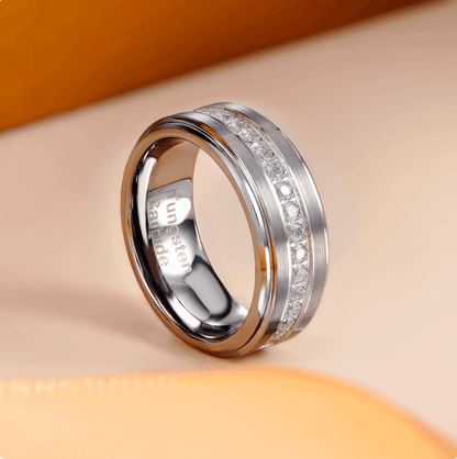 8mm Cubic Zirconias Silver Tungsten Mens Ring
