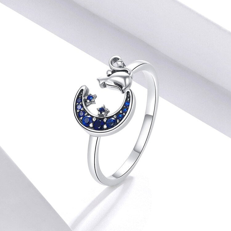 4mm Sterling Silver Moon & Cat Ring – Midnight Sky Adjustable Design (Women’s) - Promise Rings