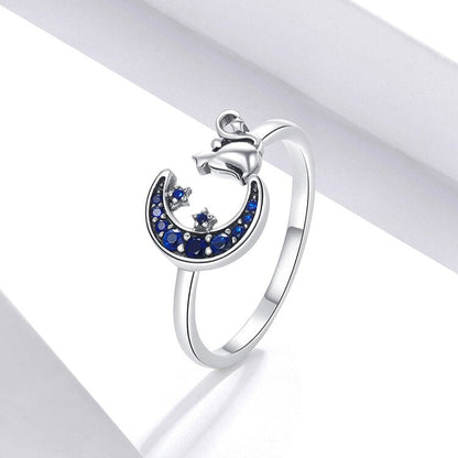 4mm Sterling Silver Moon & Cat Ring – Midnight Sky Adjustable Design (Women’s) - Promise Rings