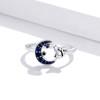 4mm Sterling Silver Moon & Cat Ring – Midnight Sky Adjustable Design (Women’s) - Promise Rings