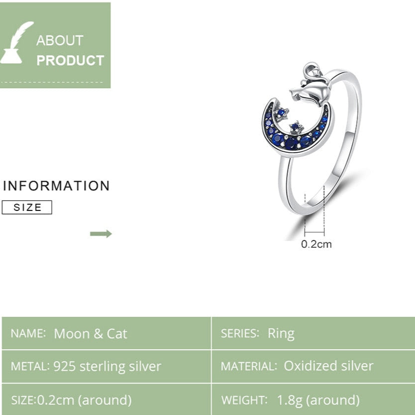 4mm Sterling Silver Moon & Cat Ring – Midnight Sky Adjustable Design (Women’s) - Promise Rings