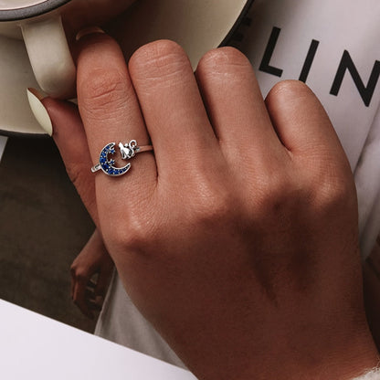4mm Sterling Silver Moon & Cat Ring – Midnight Sky Adjustable Design (Women’s) - Promise Rings