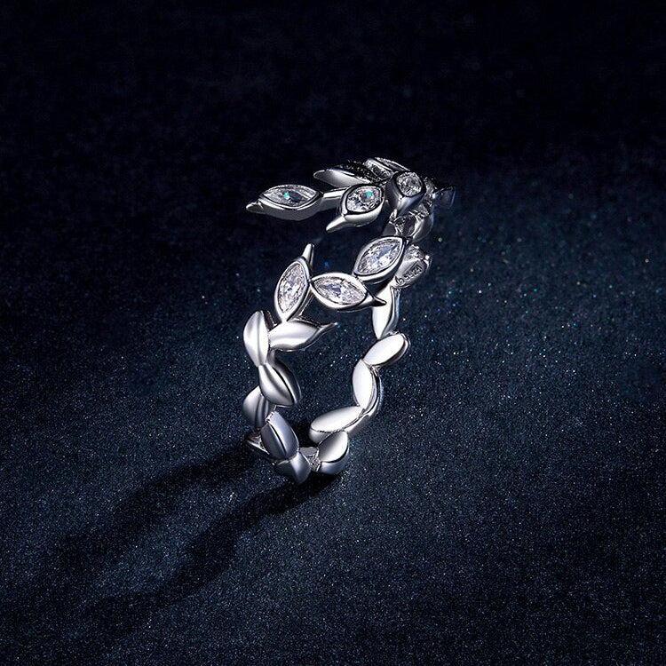 925 Sterling Silver Nature Leaf Ring – Adjustable with CZ Stones (Unisex) - Promise Rings