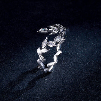 925 Sterling Silver Nature Leaf Ring – Adjustable with CZ Stones (Unisex) - Promise Rings