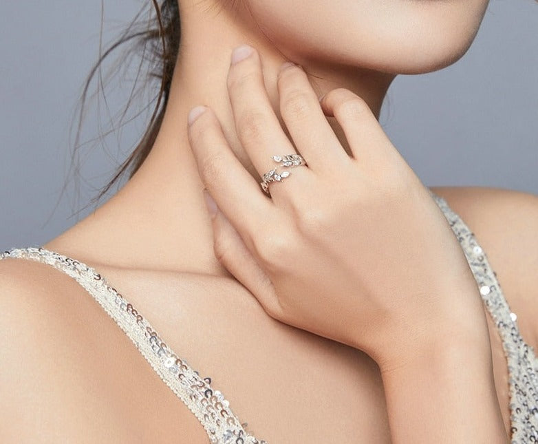 925 Sterling Silver Nature Leaf Ring – Adjustable with CZ Stones (Unisex) - Promise Rings