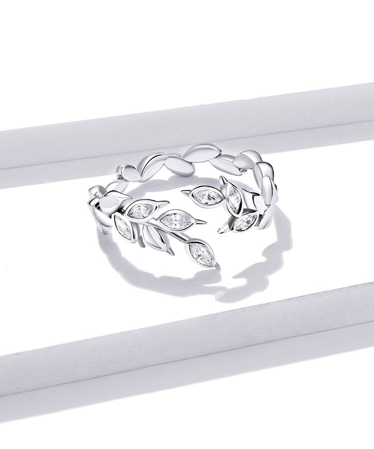 925 Sterling Silver Nature Leaf Ring – Adjustable with CZ Stones (Unisex) - Promise Rings