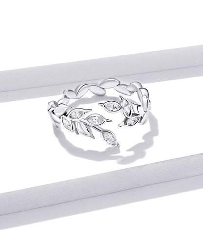 925 Sterling Silver Nature Leaf Ring – Adjustable with CZ Stones (Unisex) - Promise Rings