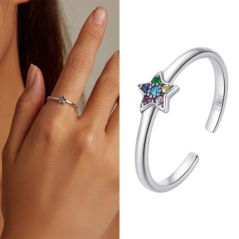 2mm Sterling Silver Ocean Ring – Moon, Starfish & Star Shapes with Dark Blue Zircon (Women’s) - Promise Rings