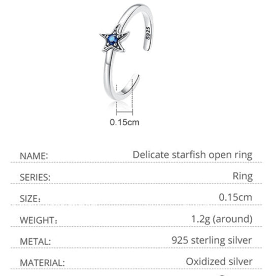 2mm Sterling Silver Ocean Ring – Moon, Starfish & Star Shapes with Dark Blue Zircon (Women’s) - Promise Rings