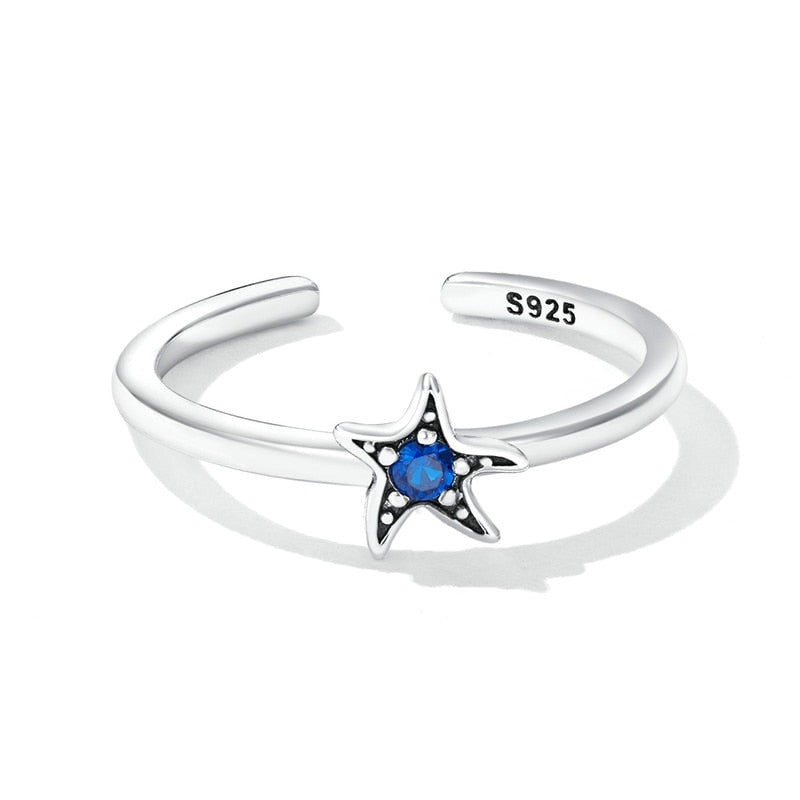 2mm Sterling Silver Ocean Ring – Moon, Starfish & Star Shapes with Dark Blue Zircon (Women’s) - Promise Rings