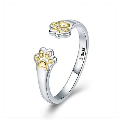 Pet Dog Cat Golden Paw Prints 925 Sterling Silver Women's Ring - Promise Rings