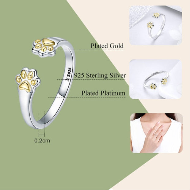 Pet Dog Cat Golden Paw Prints 925 Sterling Silver Women's Ring - Promise Rings
