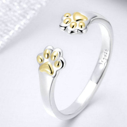 Pet Dog Cat Golden Paw Prints 925 Sterling Silver Women's Ring - Promise Rings