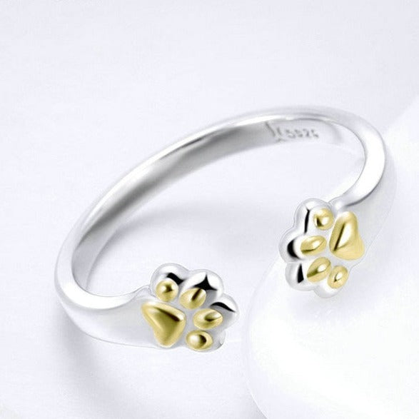 Pet Dog Cat Golden Paw Prints 925 Sterling Silver Women's Ring - Promise Rings