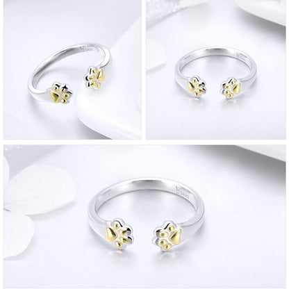 Pet Dog Cat Golden Paw Prints 925 Sterling Silver Women's Ring - Promise Rings