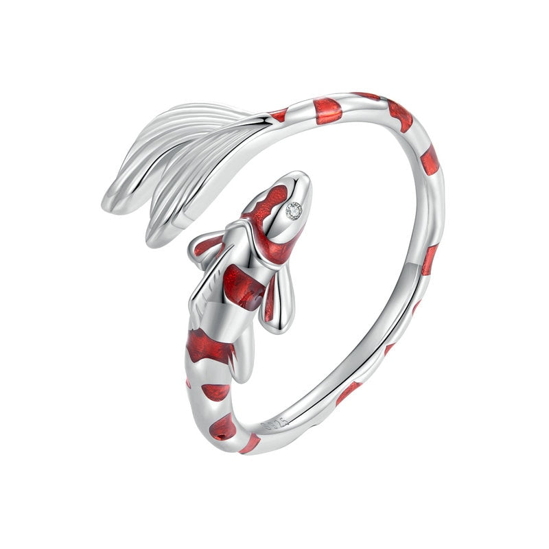 4mm Sterling Silver Koi Fish Ring – Red Enamel Lucky Design (Women’s) - Promise Rings