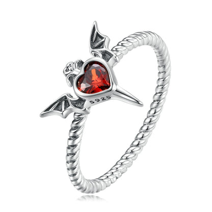 2mm Sterling Silver Gothic Heart Ring – Red CZ with Bat Wings (Women’s) - Promise Rings