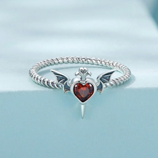 2mm Sterling Silver Gothic Heart Ring – Red CZ with Bat Wings (Women’s) - Promise Rings