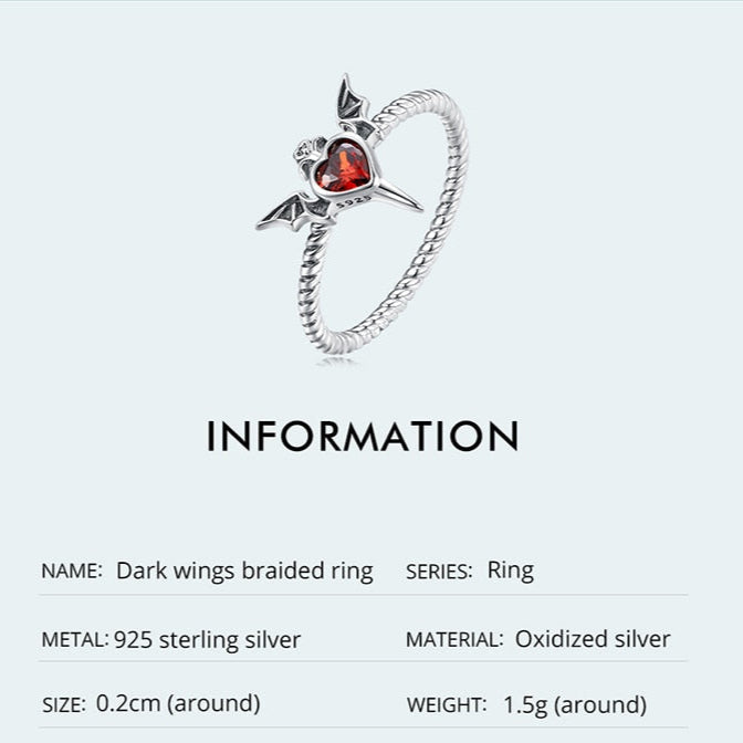 2mm Sterling Silver Gothic Heart Ring – Red CZ with Bat Wings (Women’s) - Promise Rings
