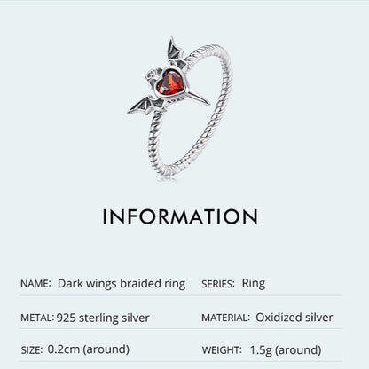 2mm Sterling Silver Gothic Heart Ring – Red CZ with Bat Wings (Women’s) - Promise Rings