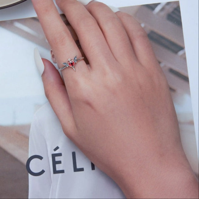2mm Sterling Silver Gothic Heart Ring – Red CZ with Bat Wings (Women’s) - Promise Rings