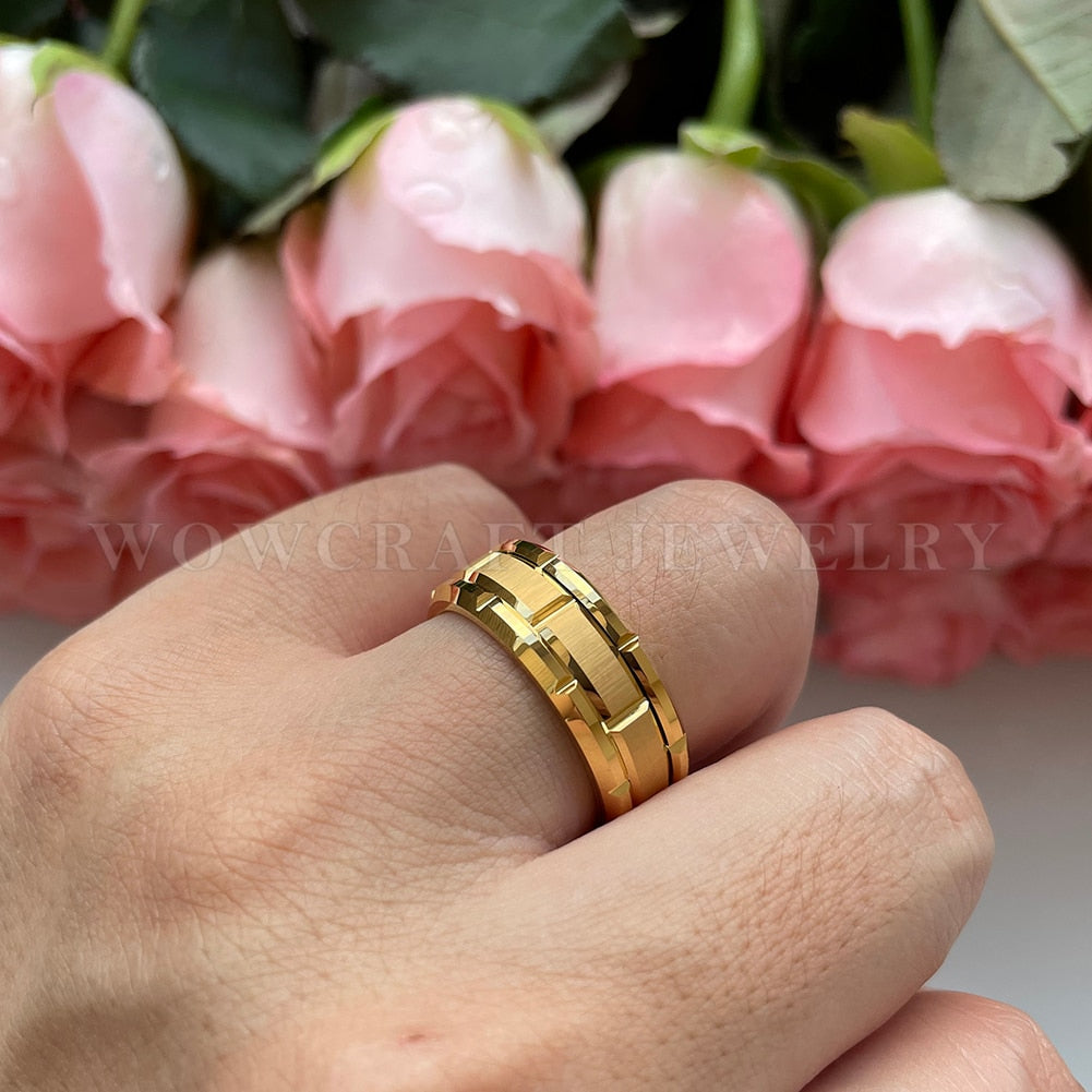 8mm Classic Brick Pattern Brushed Gold Color Tungsten Men's Ring
