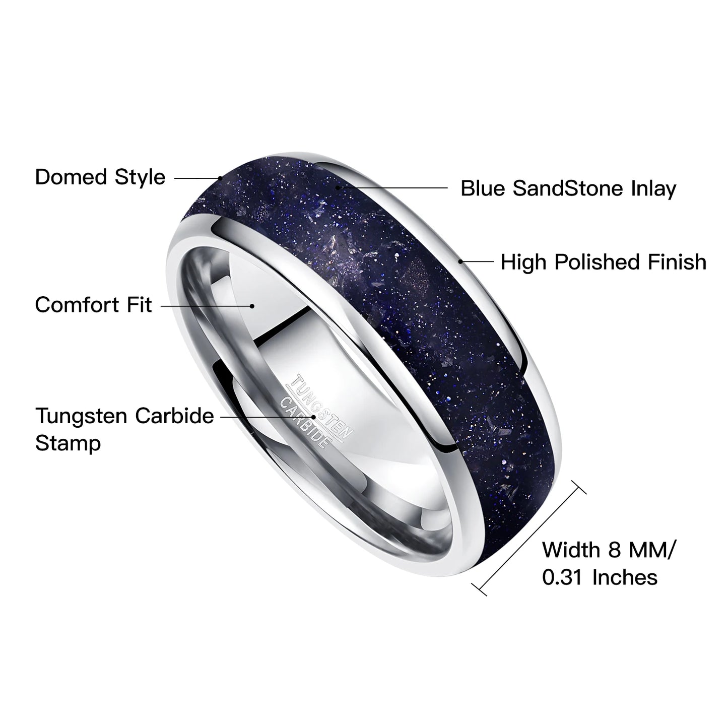 8mm Blue Sandstone & Silver Tungsten Men's Ring