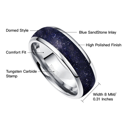 8mm Blue Sandstone & Silver Tungsten Men's Ring