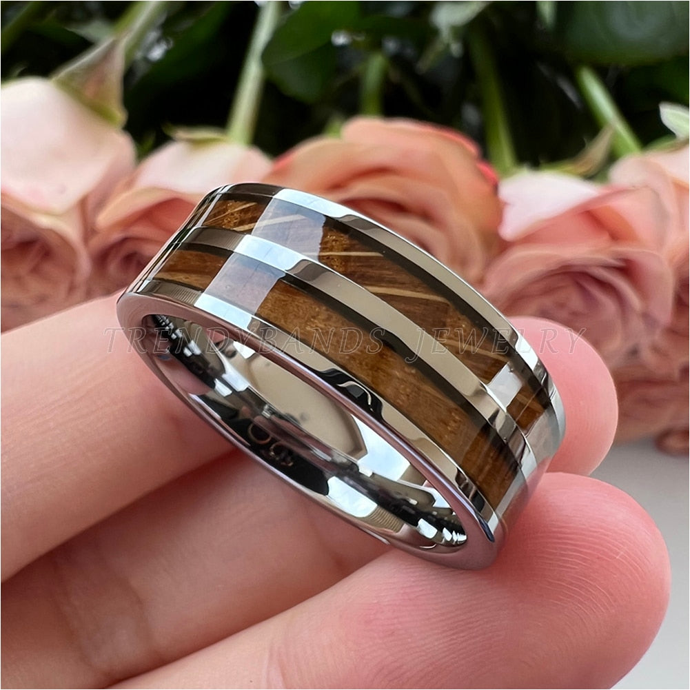 8mm Whiskey Barrel Wood Inlay Polished Tungsten Unisex Ring