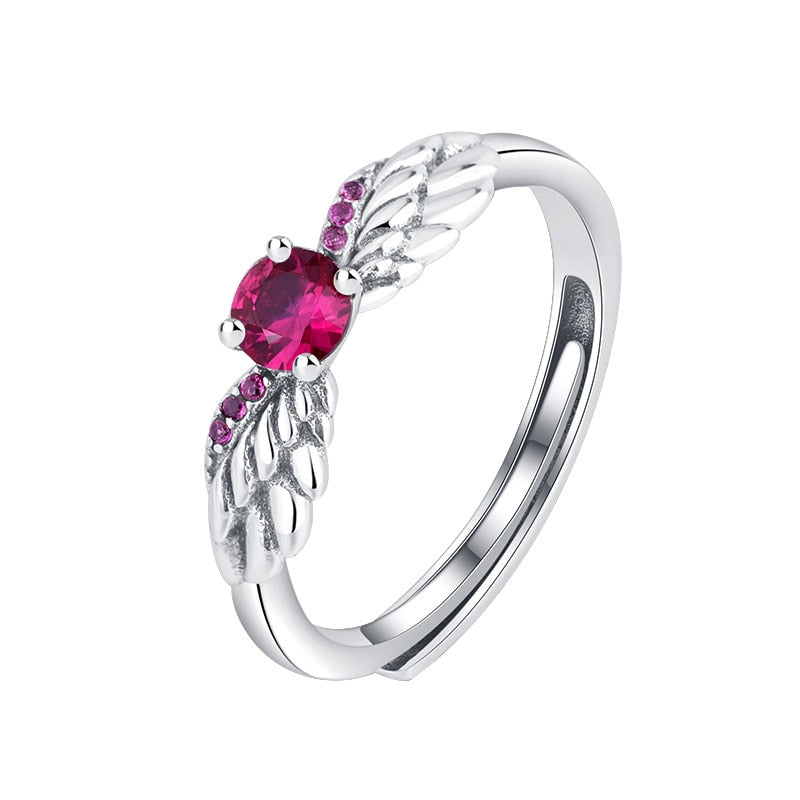 Angle Wings & Sparkling Rose Red Zircon 925 Sterling Silver Women's Ring
