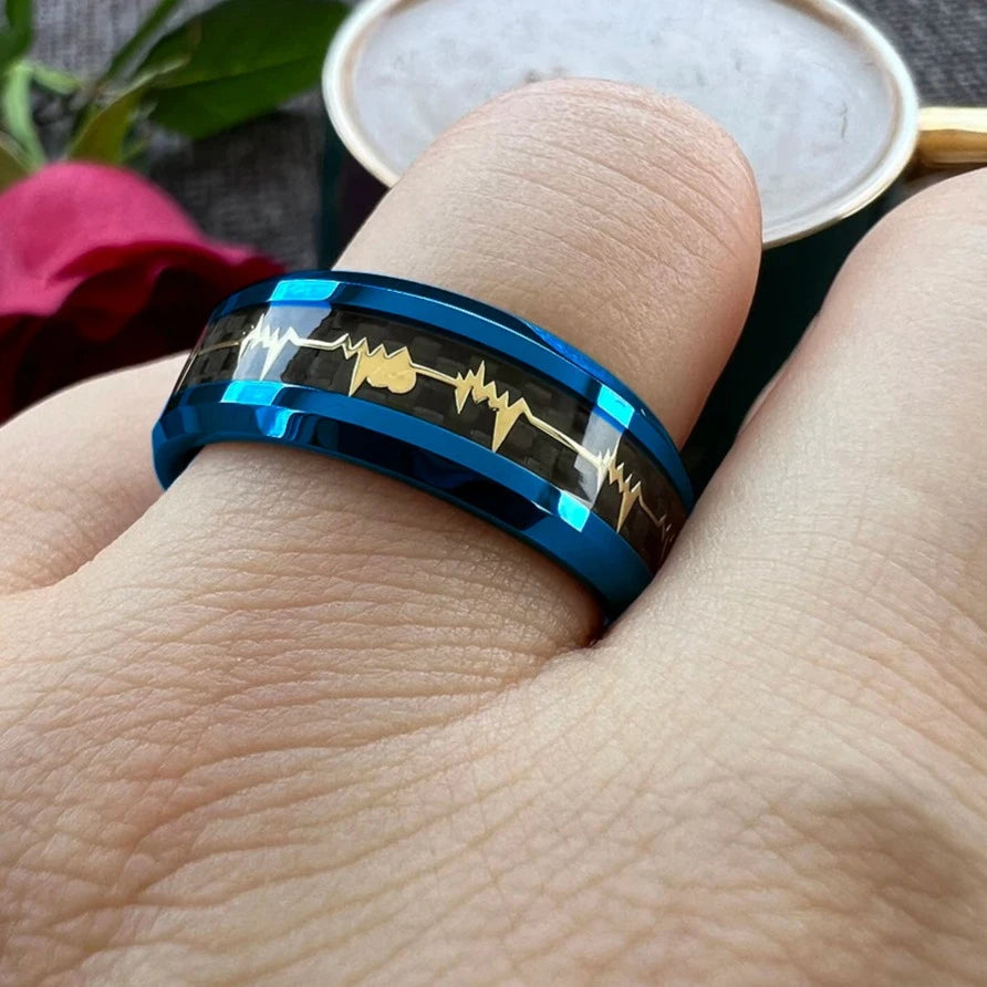 8mm Gold Heartbeat EKG Love Design Blue Tungsten Unisex Ring (2 Colors)