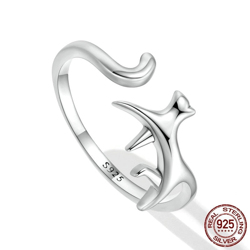 Simple Cute Funny Cat Animal 925 Sterling Silver Adjustable Women's Ring