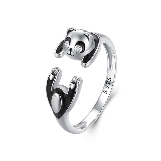 Cute Black & White Panda Animal 925 Sterling Silver Adjustable Women's Ring