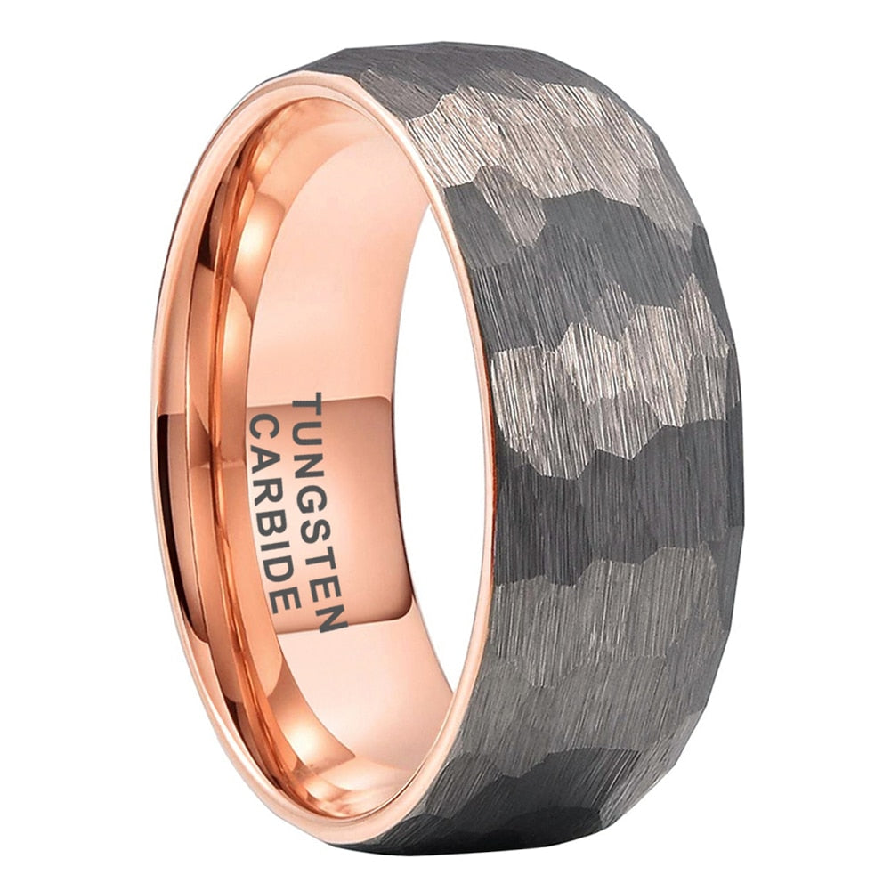 4mm, 6mm, 8mm Hammered Silver & Rose Gold Tungsten Men's Ring