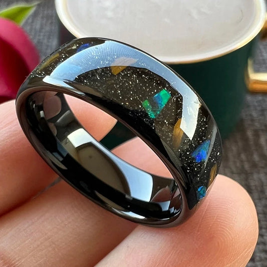 8mm Universe Large Particle Opal Fragments Black Tungsten Unisex Ring (3 Styles)