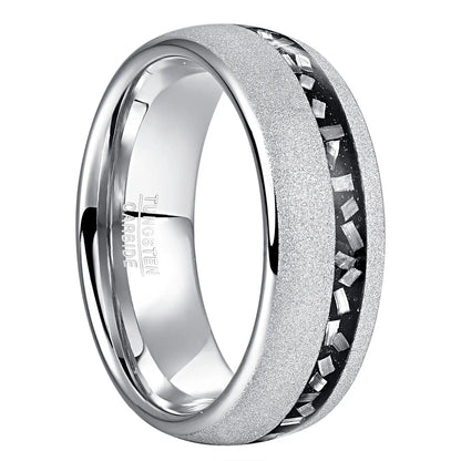8mm Meteorite & Sandblasted Silver Tungsten Men's Ring