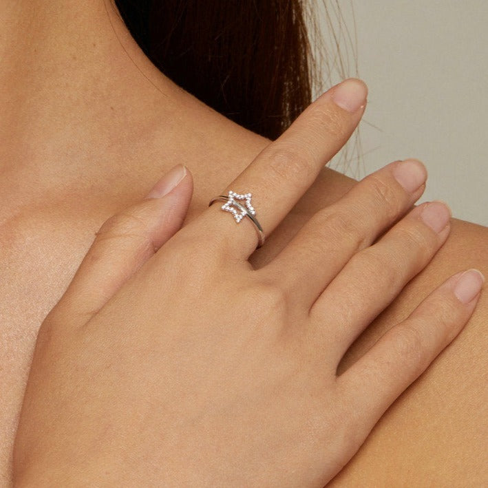 Simple Star 925 Sterling Silver Pave Setting CZ Women's Ring