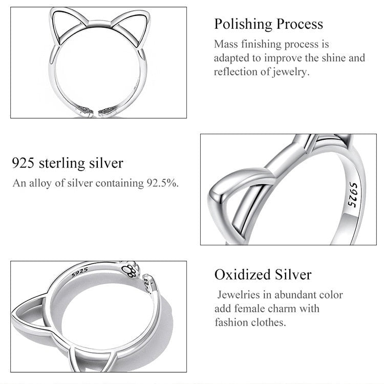 Simple Cute Cat Ears 925 Sterling Silver Adjustable Women's Ring