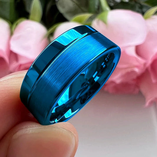 6mm & 8mm Royal Blue Color Offset Groove Two Tone Tungsten Unisex Rings