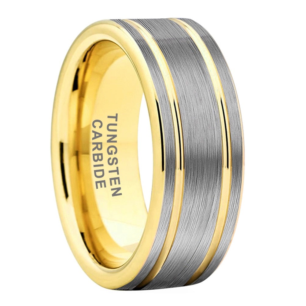 6mm, 8mm Double Gold Groove & Silver Tungsten Unisex Ring