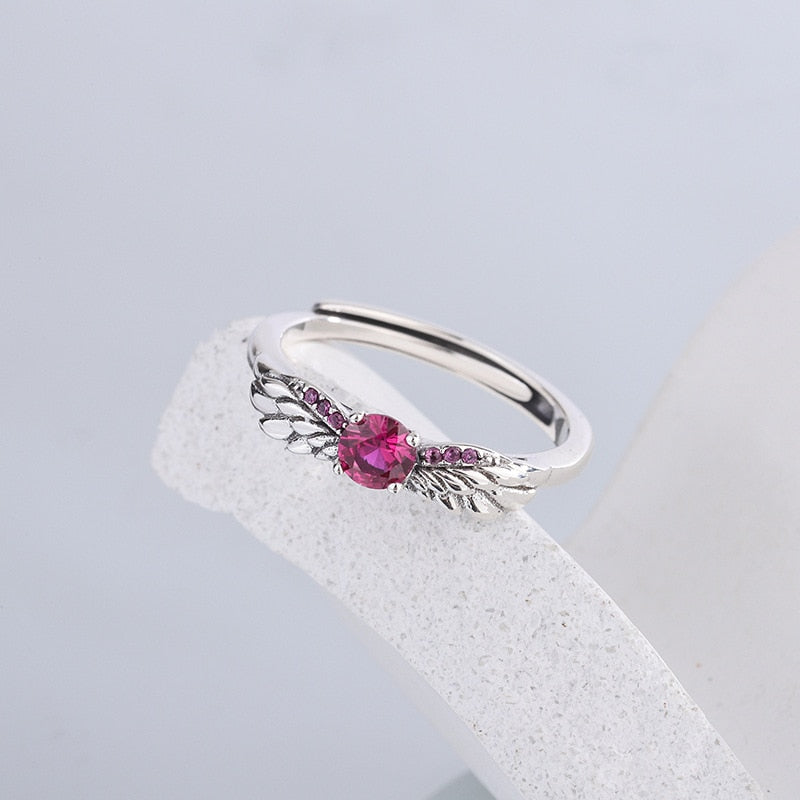 Angle Wings & Sparkling Rose Red Zircon 925 Sterling Silver Women's Ring