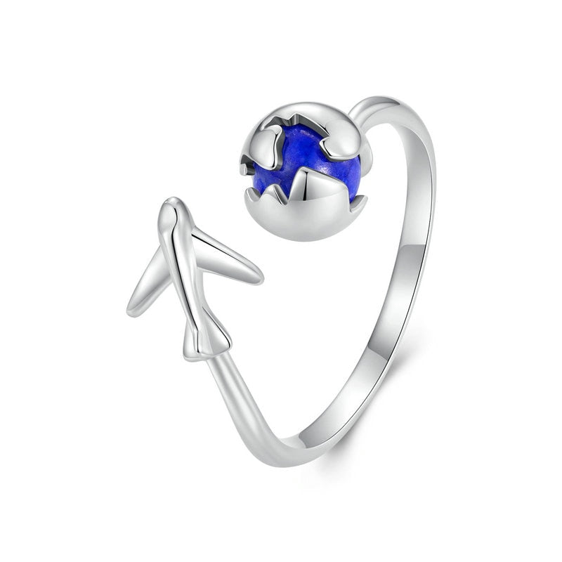 Travel Airplane Blue Earth Adventure 925 Sterling Silver Women's Ring