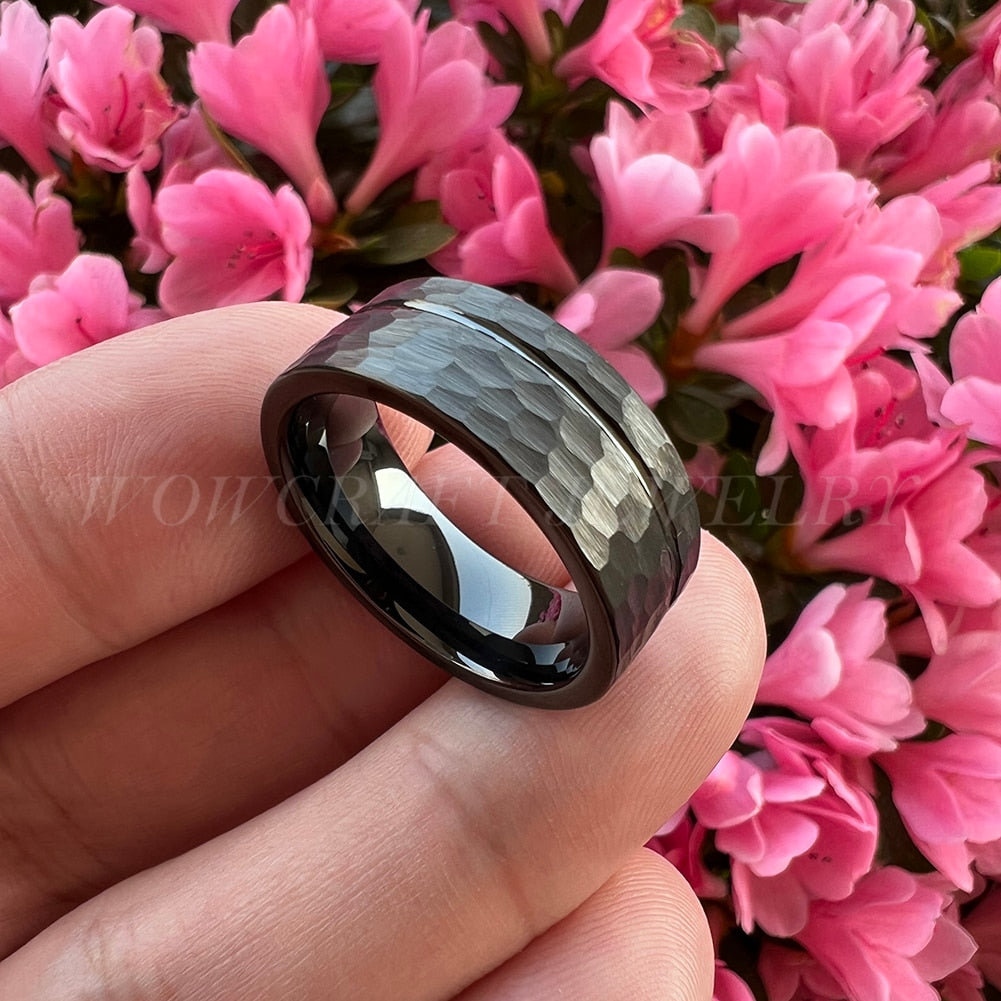8mm I Love You Engraved Hammered Black & Silver Tungsten Men's Ring
