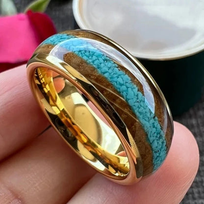 8mm Crushed Turquoise With Whisky Wood Inlay Dome Polished Men's Ring (4 Colors)