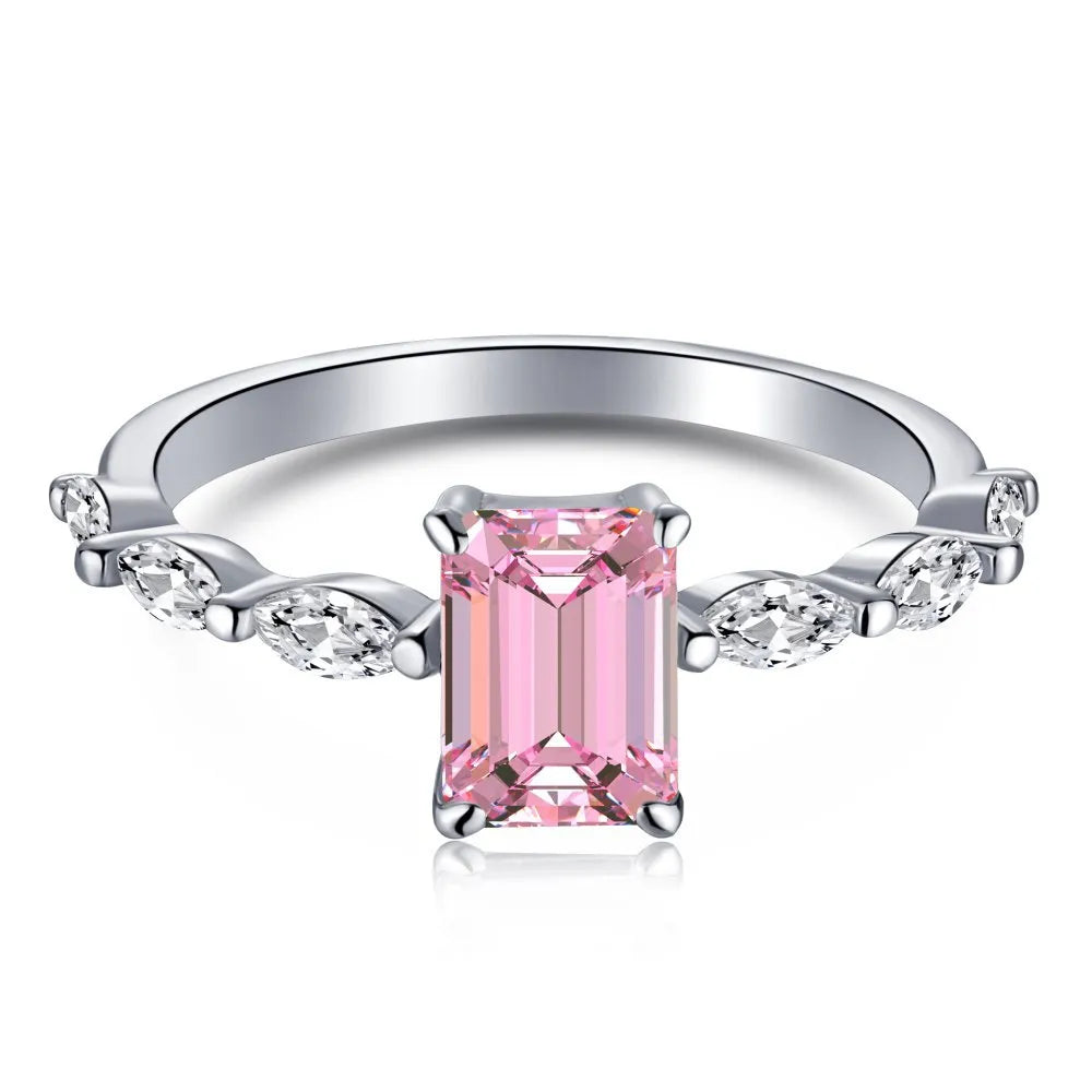 Emerald Cut Created CZ Stone 925 Sterling Silver Women's Ring (Pink, Green or Clear Stone)