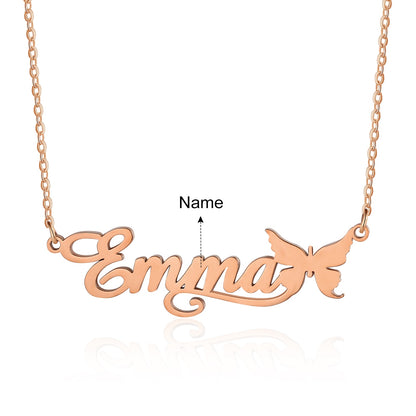 Personalized Nameplate & Butterfly 925 Sterling Silver or Stainless Steel Necklace (3 Colors)
