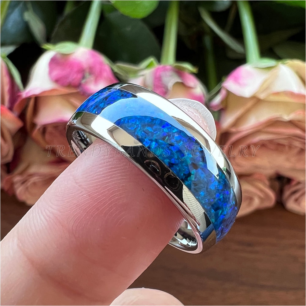 6mm & 8mm Blue Opal Inlay & Silver Polished Unisex Tungsten Ring